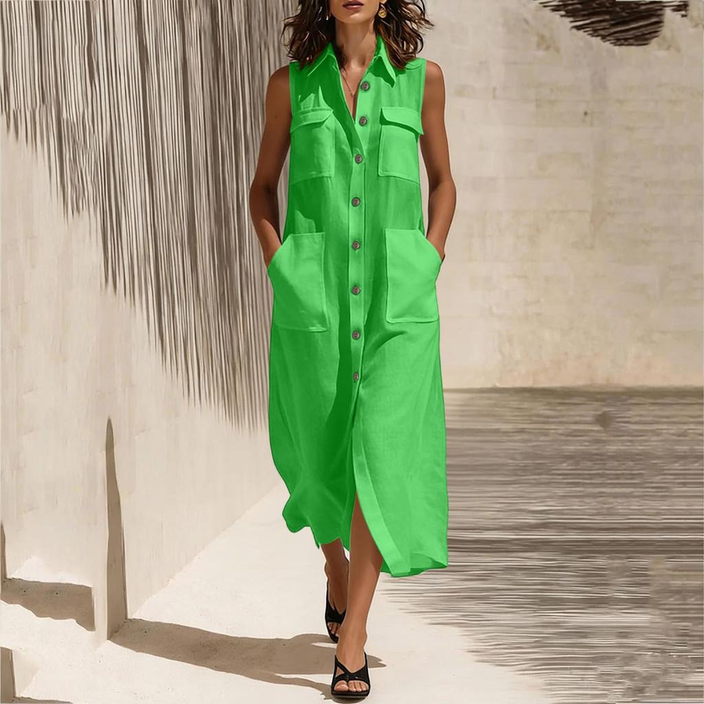 Ärmelloses Maxikleid mit Knopfleiste, Kragen und Taschen, lockere Passform, lässiges langes Kleid für Damen, Sommermode