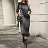 Herbst Frühling Damen Kleid Rundhalsausschnitt Streifendruck Slim Fit Lange Ärmel Gerade Midikalb-Länge Strick
