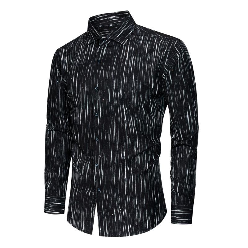 Spring Summer Men s Long Sleeve Button Down Shirt Black Vertical Stripe Print Casual Shirt S чёрный