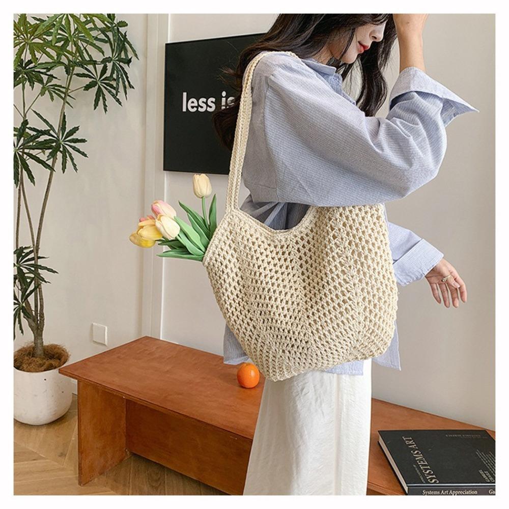Casual Large Capacity Woven Shoulder Bag Hollow Out Knitted Beach Straw Bag Handmade Underarm Bag for Women