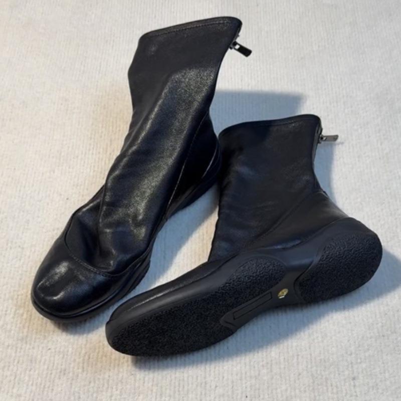 Cowhide Version~ Leather Round Head Thick Sole Retro Black Short Boots Women's Autumn and Winter Down Boots Elastic Thin Boots Martin Boots