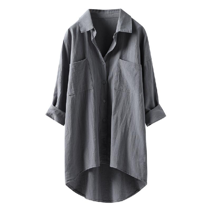 2026 Lente en Herfst Nieuw Dames Casual Stijl Effen Kleur Shirt Katoen Linnen Vest met Dubbele Zakken Lange Mouw Top