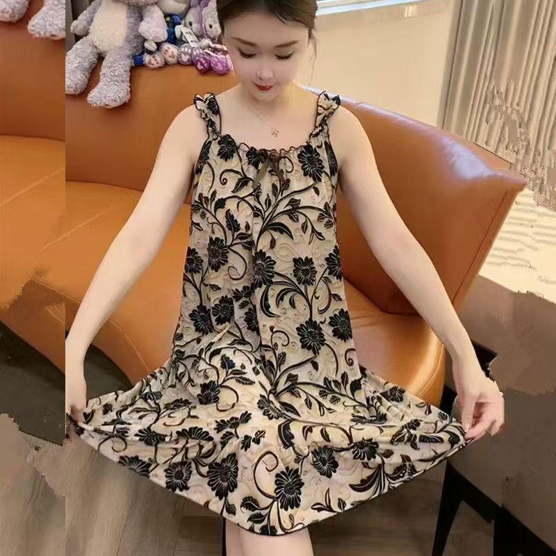 Women's Summer Ice Silk Mesh Sleeveless Nightgown with Suspender Straps