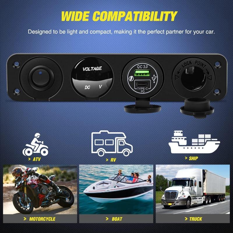 1PC Yacht Bus RV 4-in-1 Combination Panel with Cigarette Lighter Digital Voltmeter Intelligent Fast Charge QC3.0 + PD