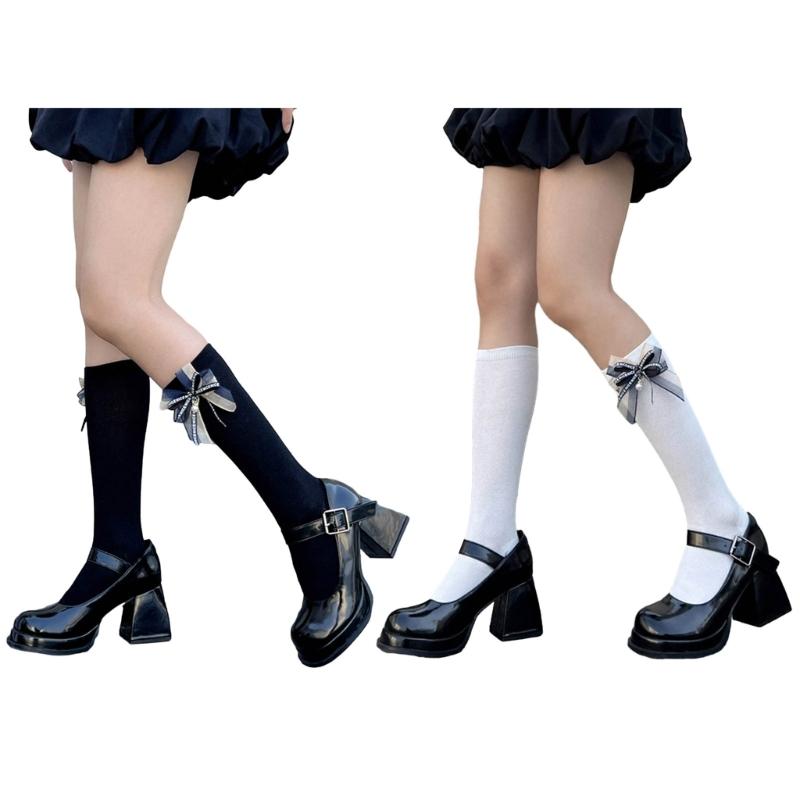 1 Pair Princess Style Dress Socks for Girl Calf Tube Frilly Socks Ballet Socks Ruffle Calf Socks with Bows Lace Top Sock