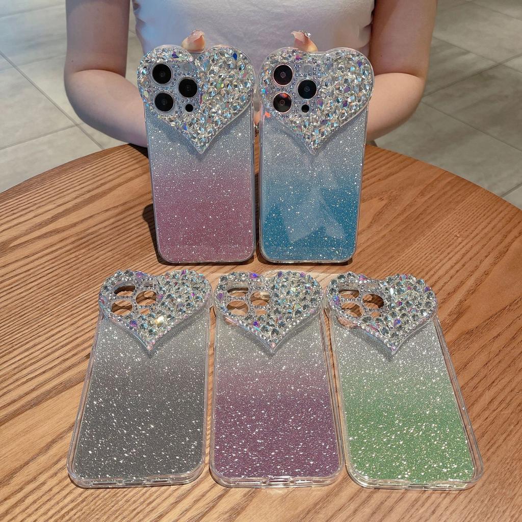 Suitable for IPhone16Promax Phone Cases, Heart-shaped Water Diamond 14/13, and Apple 15 Protective Cases with Gradient Glitter