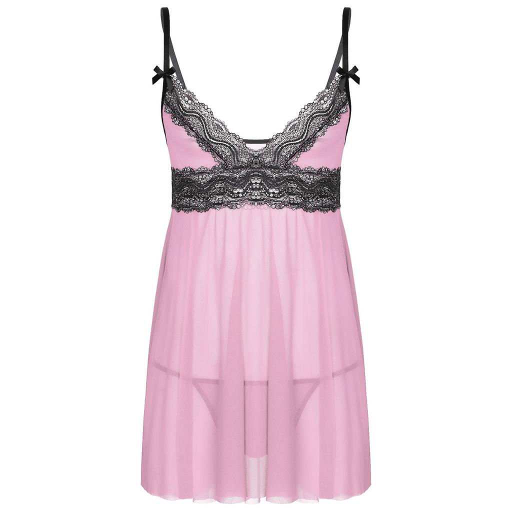 Sissy Babydoll Spodní prádlo Noční košile Pánské Krajka Průsvitná noční košile bez rukávů Crossress noční košile