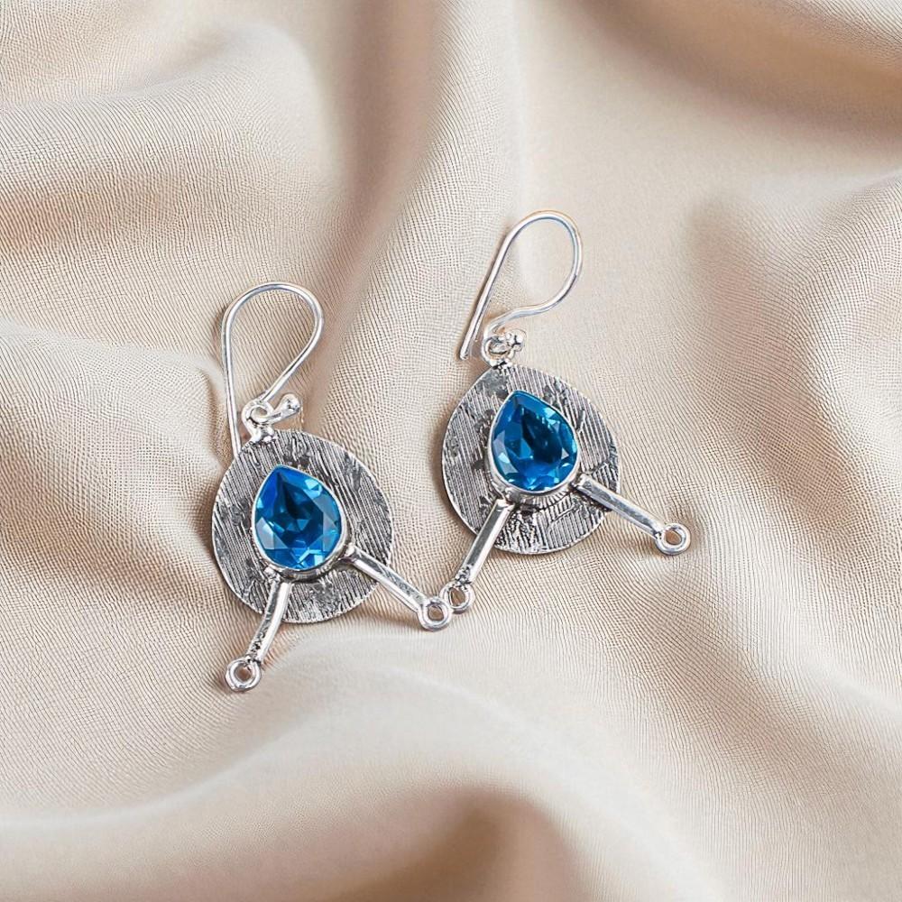 Swiss Blue Topaz Gemstone 925 Sterling Silver Jewelry Handcrafted Earrings1.86" EE-78-11