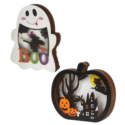 Decorațiune de masă din lemn cu dovleac de Halloween cu lumini LED, un articol înfricoșător de decorare a camerei pentru petrecerea de Halloween
