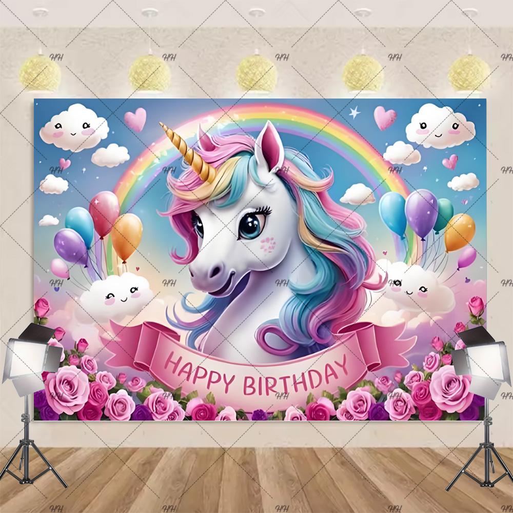 Cartoon Rainbow Unicorn Theme Princess Birthday Party Decoration Background Baby Shower Backdrop Photozone Studio Prophoot Props