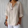 Neue Sommeroberteile, einfarbig, locker, V-Ausschnitt, Freizeithemden für Damen, Baumwolle und Leinen, sieben Viertelärmel, Übergröße, Blusen für Damen, elegantes, schlankes Pulloverhemd 26456