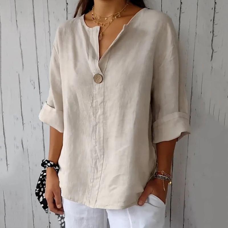 Neue Sommeroberteile, einfarbig, locker, V-Ausschnitt, Freizeithemden für Damen, Baumwolle und Leinen, sieben Viertelärmel, Übergröße, Blusen für Damen, elegantes, schlankes Pulloverhemd 26456