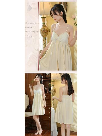 Court Style Lace Camisole Nightgown with Bra Pads - Sexy Cotton Long Sleep Dress for Women