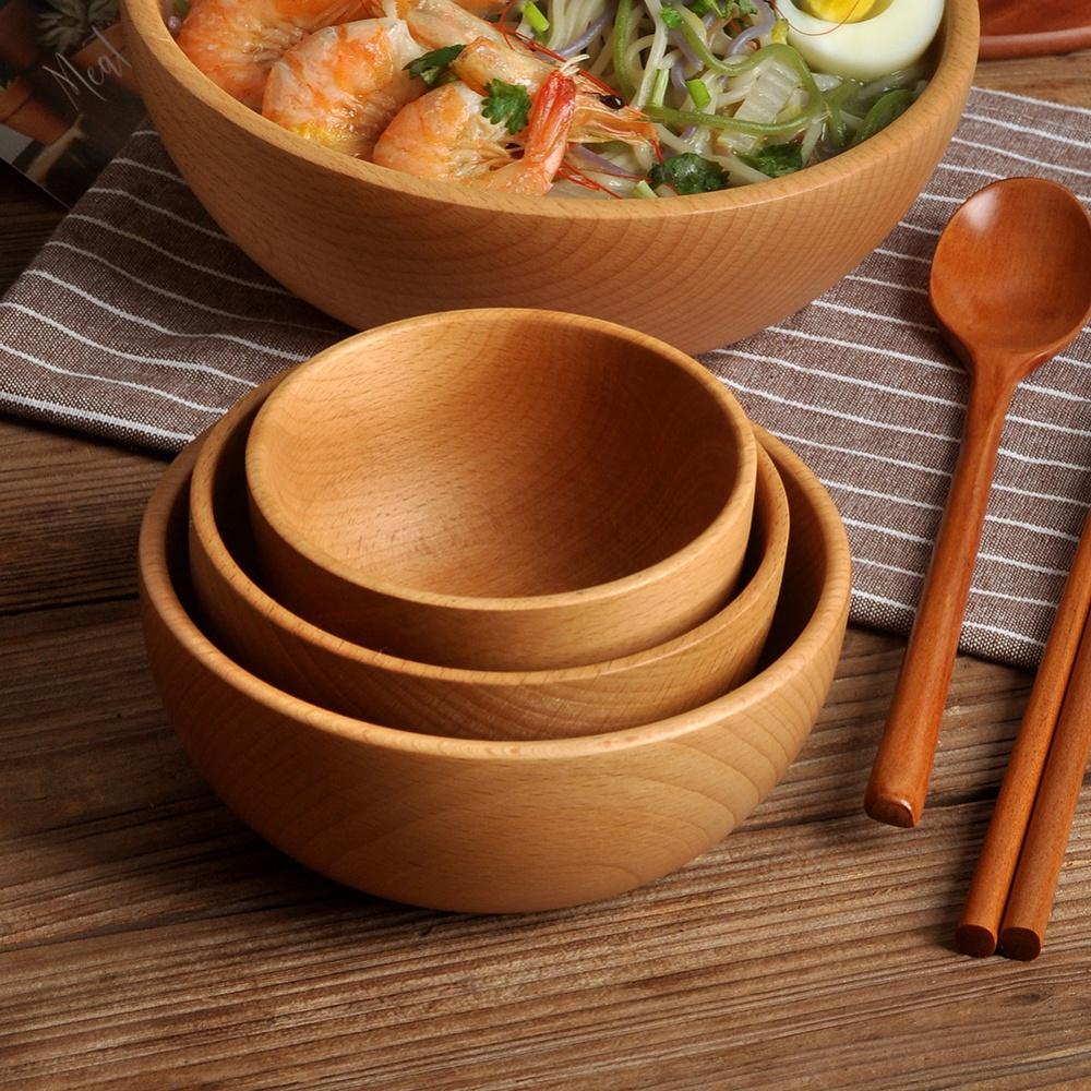 Wooden Salad Bowl Handcrafted Large Round Dining Bowl Serving Salad Soup Solid Wood Tableware Kitchen Accessories New Arrival