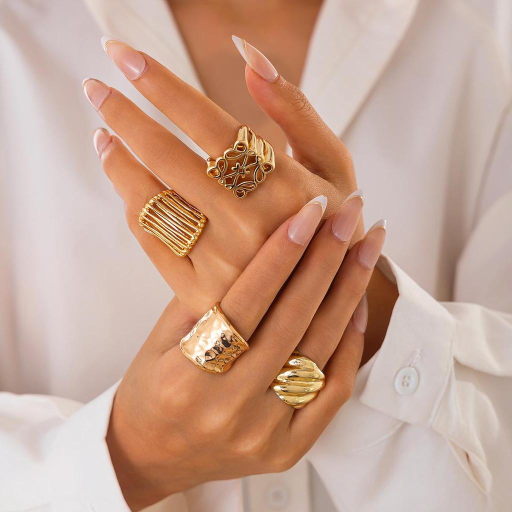 European & American Stacked Style Irregular Alloy Rings: Intersecting Line Hollow Open Ring Set