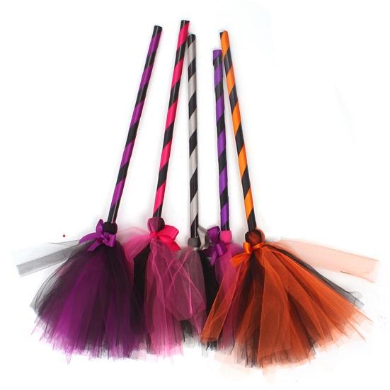 Net Yarn Bowknot Decor Cosplay Decorative Halloween Witch Broom Costume Party Halloween Plastic Broom Props Party Supplies