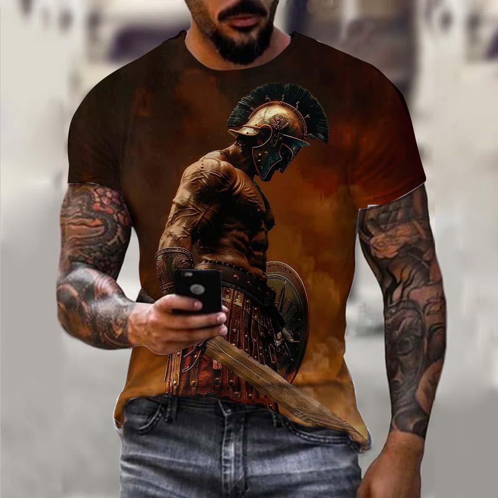 Samurai 3D Printed Short Sleeved T-shirt Summer Breathable Polyester Simple Round Neck Top