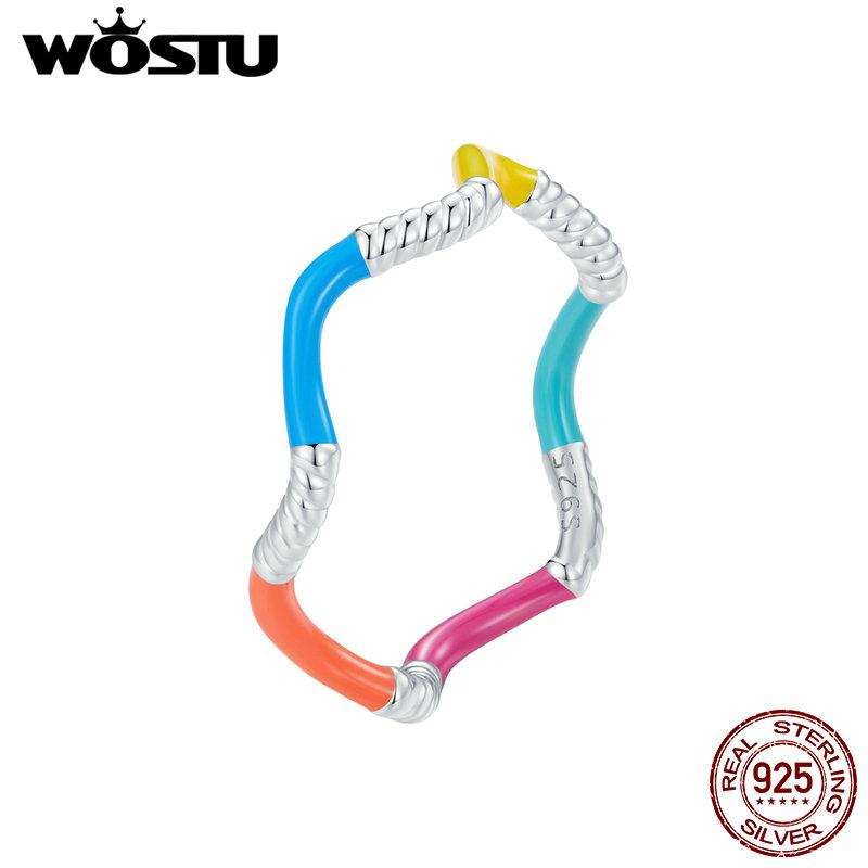 WOSTU 925 Sterling Silver Rainbow Wave Prsteny pro ženy Nepravidelný Twist Ring bonbónové barvy Party Šperky Dárek k narozeninám