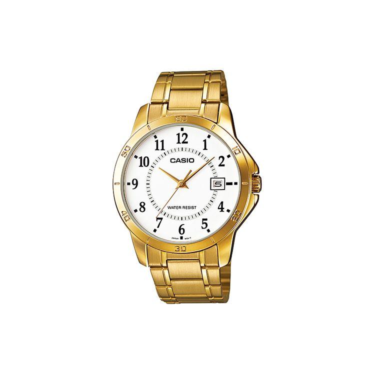 

Casio Standard Series Minimalist Fashion Trend Business Casual Classic Pointer Roman Scale Date Display Waterproof Quartz Movement Watch MTP-V004G-7B Gold Strap