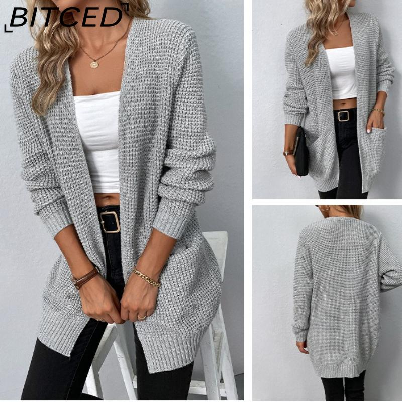 BITCED Autumn/Winter Women's Knitwear Solid-Colour Pocket Cardigan Sweater