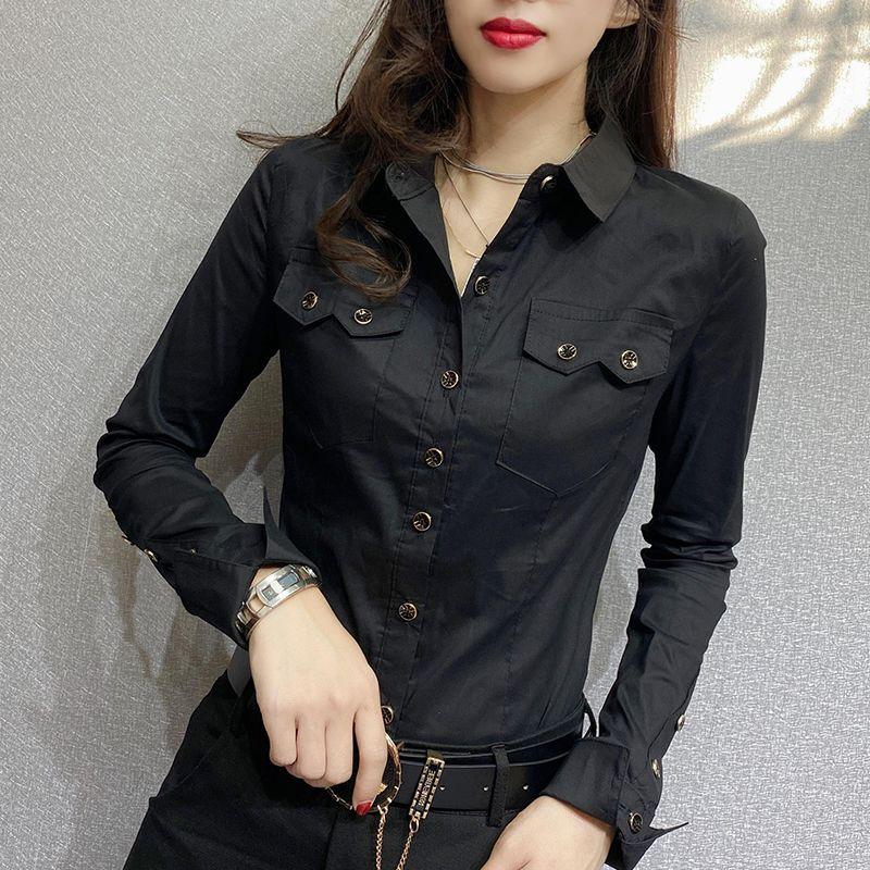 Office Lady Slim Solid Color Blouse Fashion Pockets Spliced Spring Autumn Chic Single-breasted Women's Clothing Polo-Neck Shirt