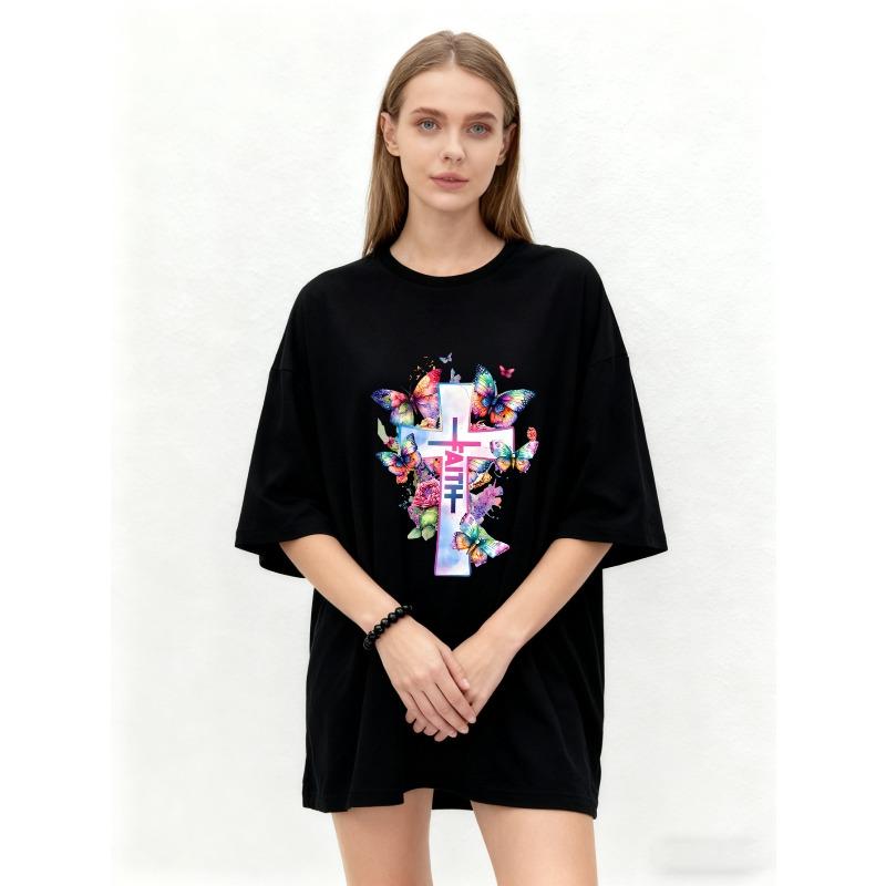 Oversized T-Shirt Black Cross With Colorful Butterflies And Chinese Characters Print Casual Streetwear For Women