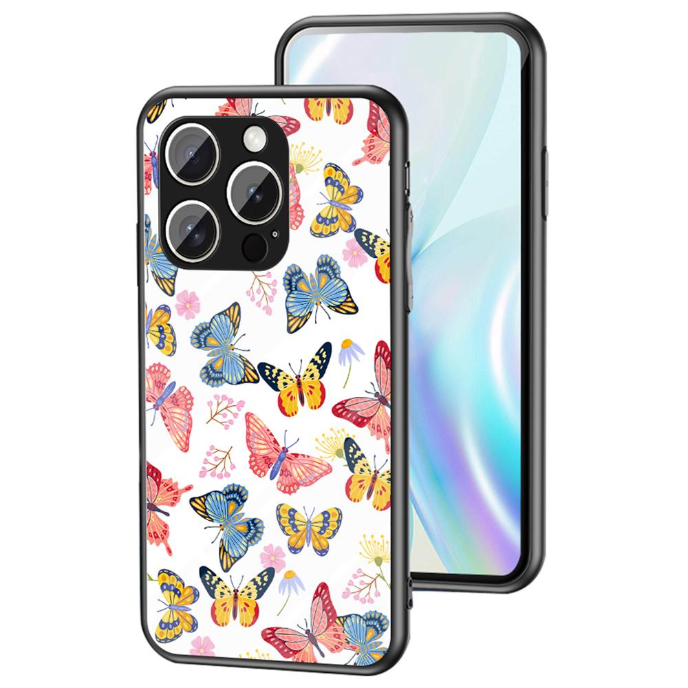 

For iPhone 16 Pro Max Case Butterfly Pattern TPU+Tempered Glass Protective Phone Cover Colorful Butterfly