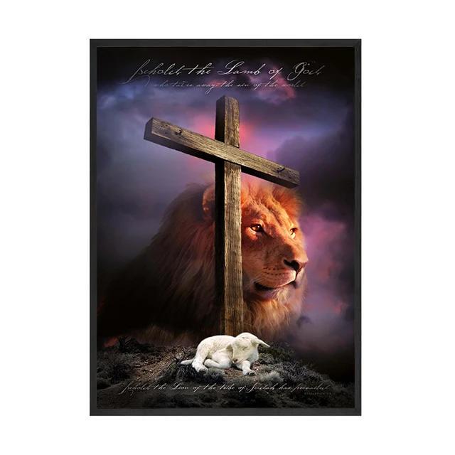 Jesus Kreuz Löwe Religion Erlöser Druck Kunst Leinwand Poster für Wohnzimmer Dekoration Heim Wanddeko Bild