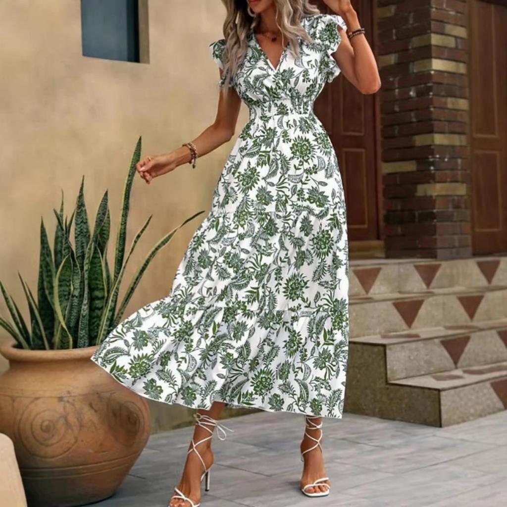 New Summer V Neck Printed Midi Dress Women's Casual Fashion Dress for Outdoor Daily Wear