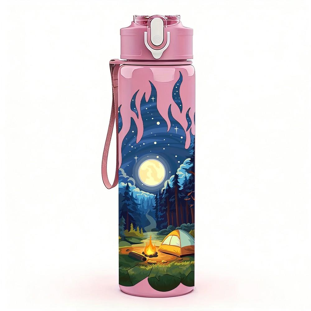 1PC Mountain Campfire Night Landscape Print 750ml Color Plastic Sports Water Bottle Leakproof Flip Straw Lid Suitable for Sports Office Home Use