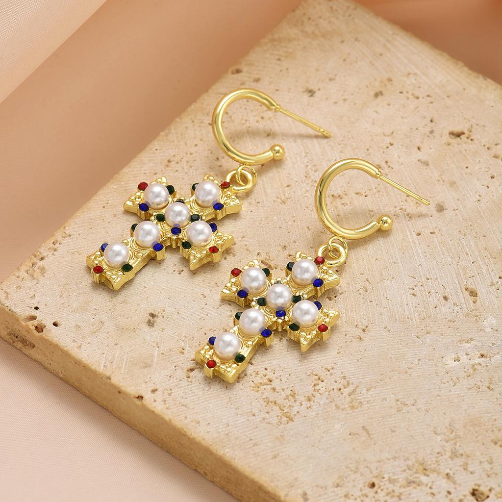 European and American new alloy cross pattern pearl stud earrings light luxury high-end design women's earrings jewelry
