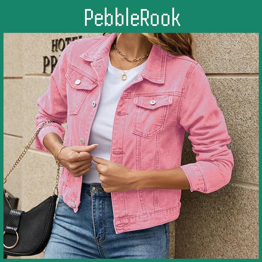 Solid Denim Women Color Jacket Casual Long Sleeve Button Down Chest Pocket Jean Jacket