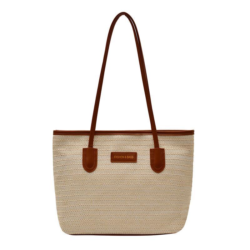 

Summer versatile large-capacity colorful hand-woven bag casual vacation beach bag rainbow shoulder underarm tote bag бежевый