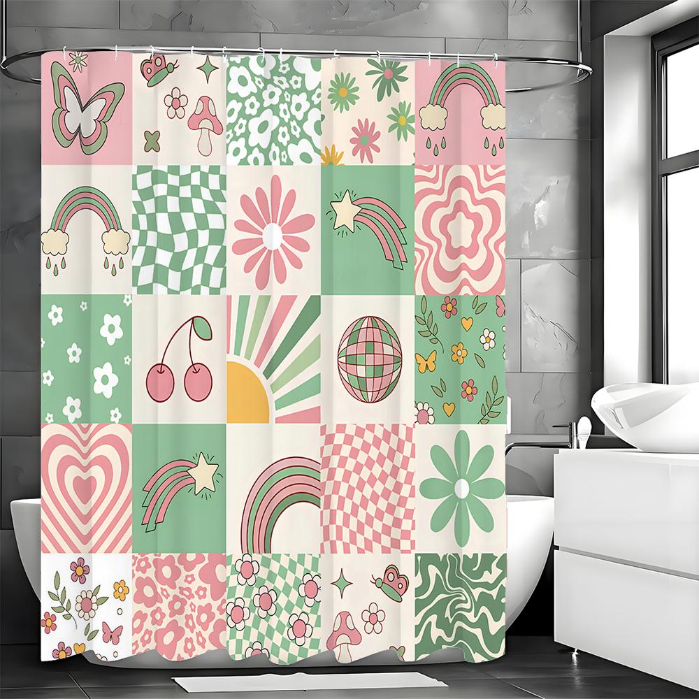 Collage Butterfly Floral Rainbow Mushroom Shower Curtain, Bathroom Decorative Shower Curtain, Waterproof Shower Curtain with Hoo