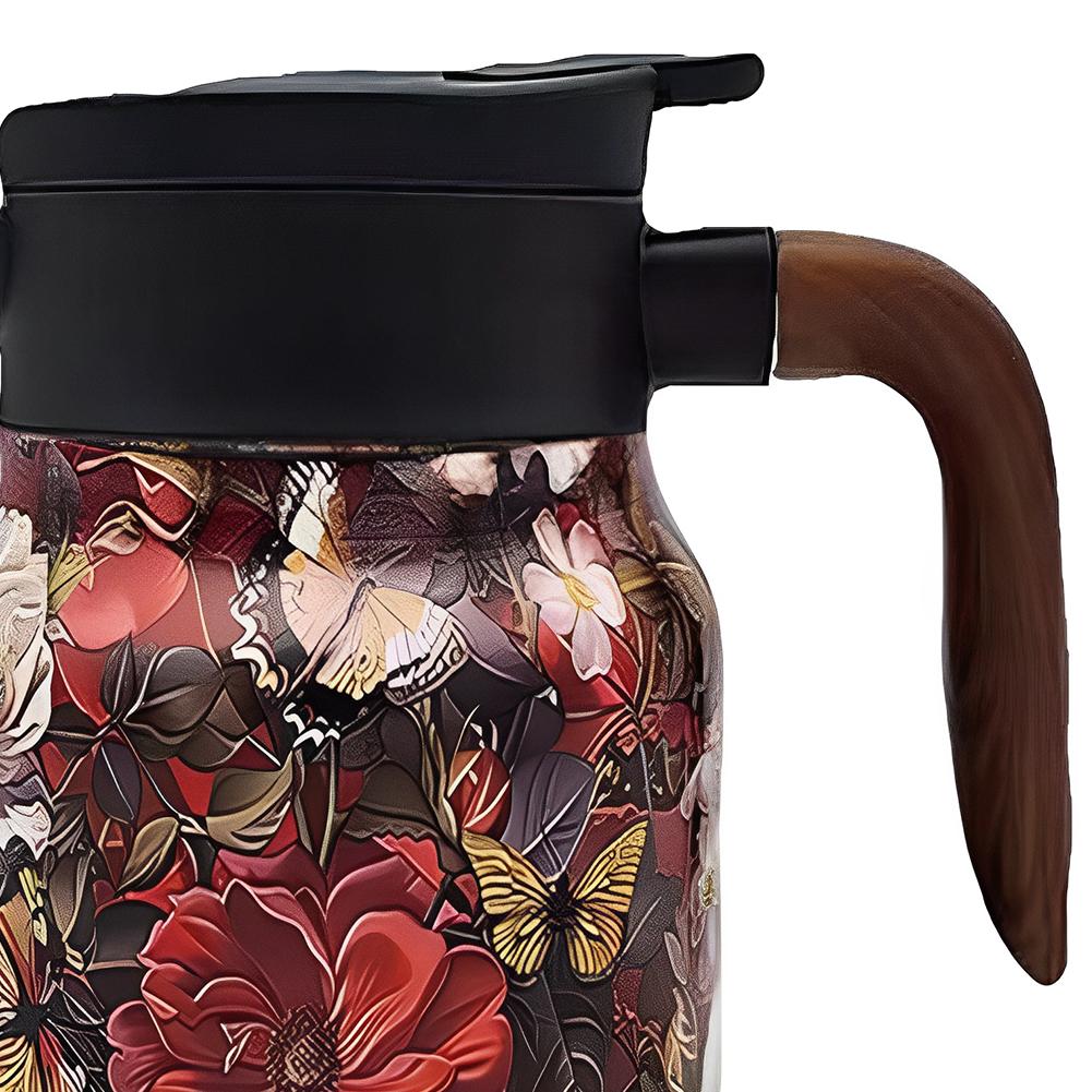 800ml Retro Floral Tea Pot Stainless Steel Tea Kettle with Infuser Tea Separation Thermal Insulation Pot Wood Handle for Family