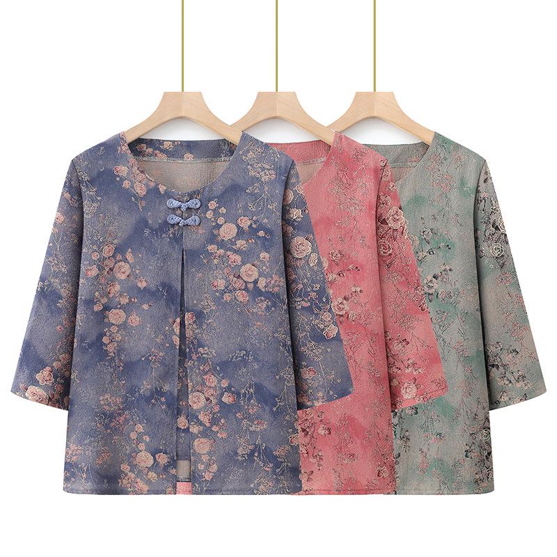 Chinese Style Plus Size Summer Blouse for Middle-Aged & Elderly Women: Mid-Sleeve & Two-Piece Look