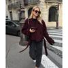 Women French Style Thick Loose Brown Double Breasted Woolen Commute Coat
