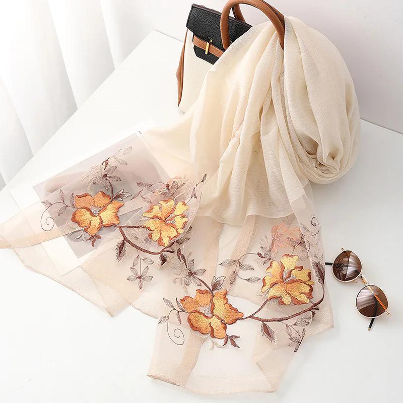 Fashion silk wool scarf women hijab pashmina shawls wrap Luxury Bandana Blanket Floral Pashmina Embroidery Scarves Foulard