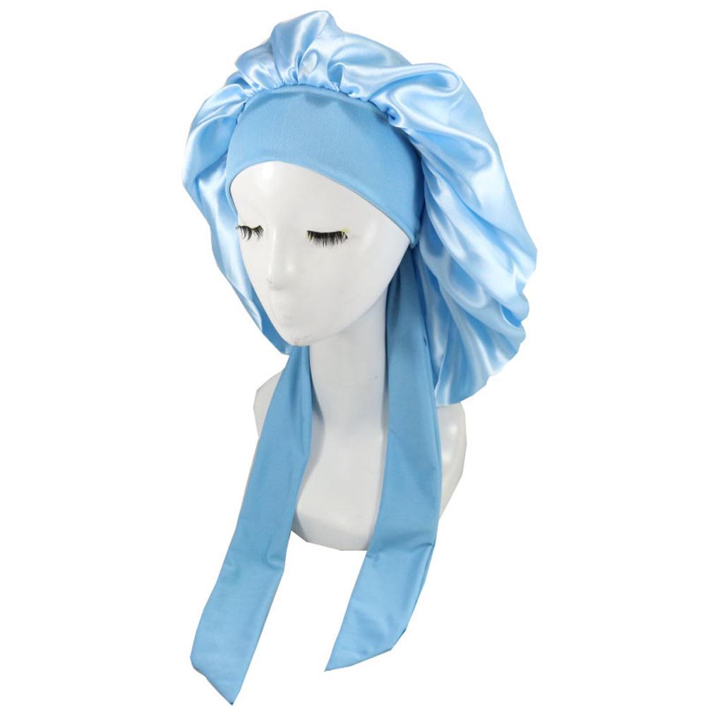 Silk Satin Hair Cap For Women Sleeping Round Headwear Adjustable Button Night Hat Haircare светло-синий