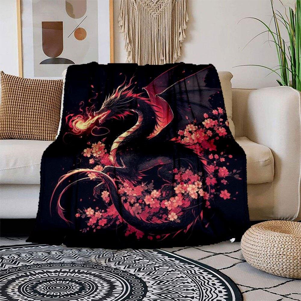 

Fantasy Dragon with Fire and Flowers Wall Art Print PosterBlanket Flannel Throw Blanket for Sofa, Bed, Travel, Camping, Office, Couch, Chair 150x180cm