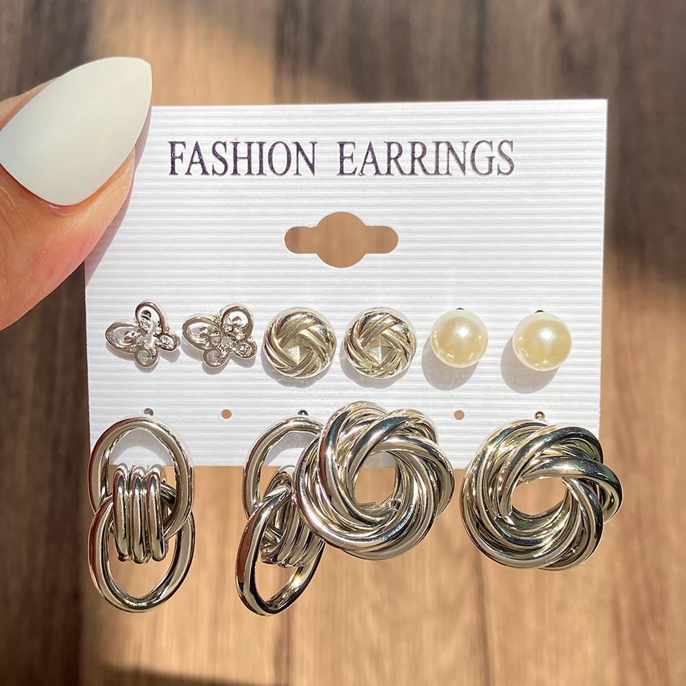New ins bow fishtail pearl moon stud earrings with diamonds fashion temperament geometric earrings set