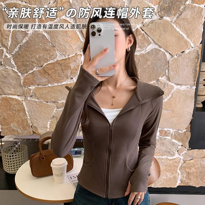 Women Hooded Zip Up Slim Waist Short Sports Yoga Sweatshirt Coat