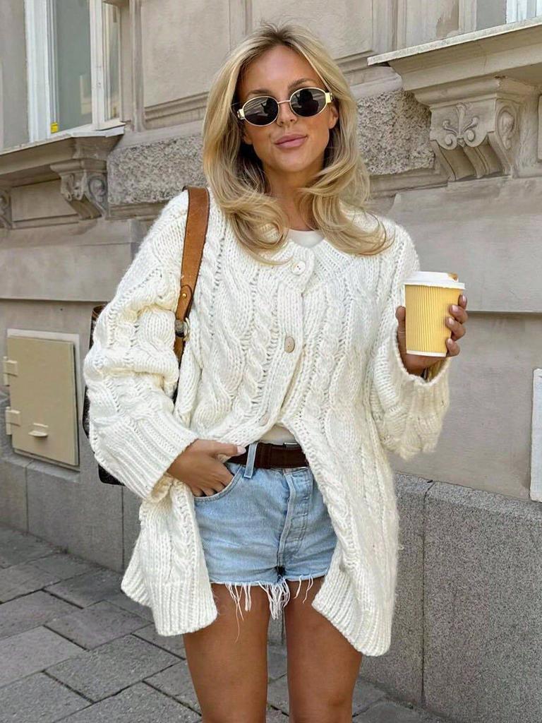 Autumn Chunky Knit Cable Long Cardigan for Women - Single-Breasted Design