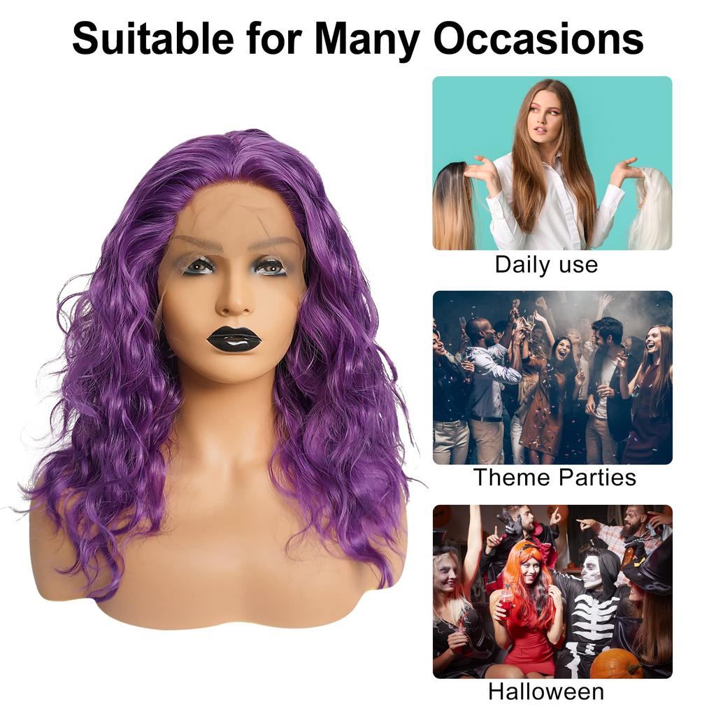 VOCOSTE Heat-Resistant Lace Front Wig, Medium Long, Fluffy Curly Wavy Wig for Girls, Everyday Use, 35.5 cm, Purple