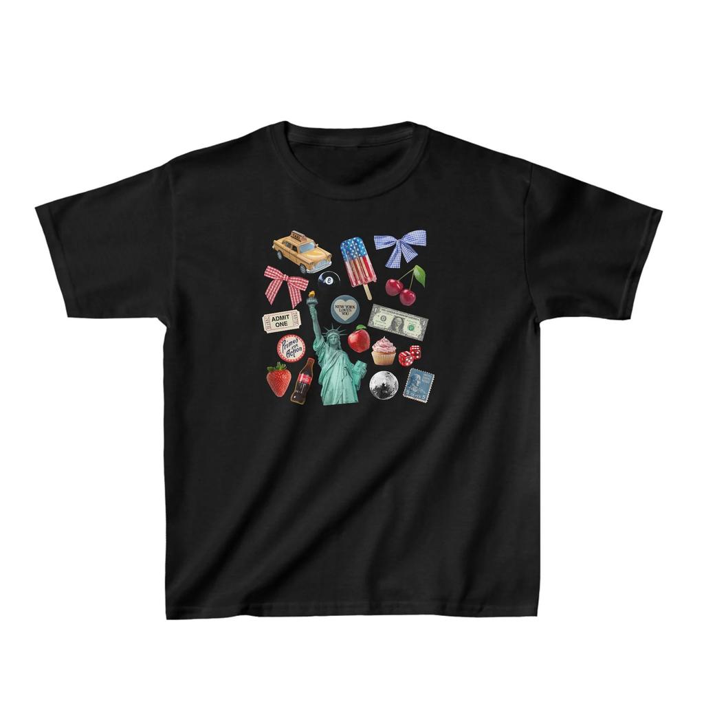 American retro YK millennial pomegranate pattern short-sleeved short T-shirt Spice Girl slim-fit front shoulder open-button top trendy