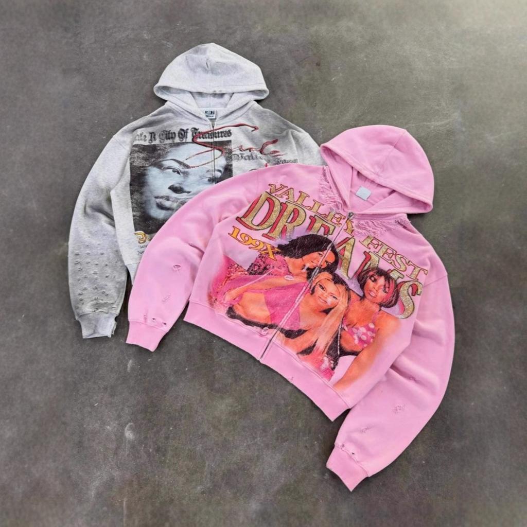 Unisex Round Neck Long Sleeve Loose Fit Hoodie Zip Up Streetwear Hip Hop Sweatshirt
