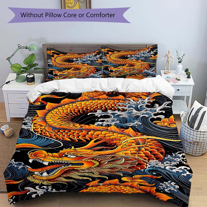 3pcs Dragon Wave Design Duvet Cover Set - Machine Washable, Includes 1 Cover and 2 Pillowcases, No Core Included yy251013136