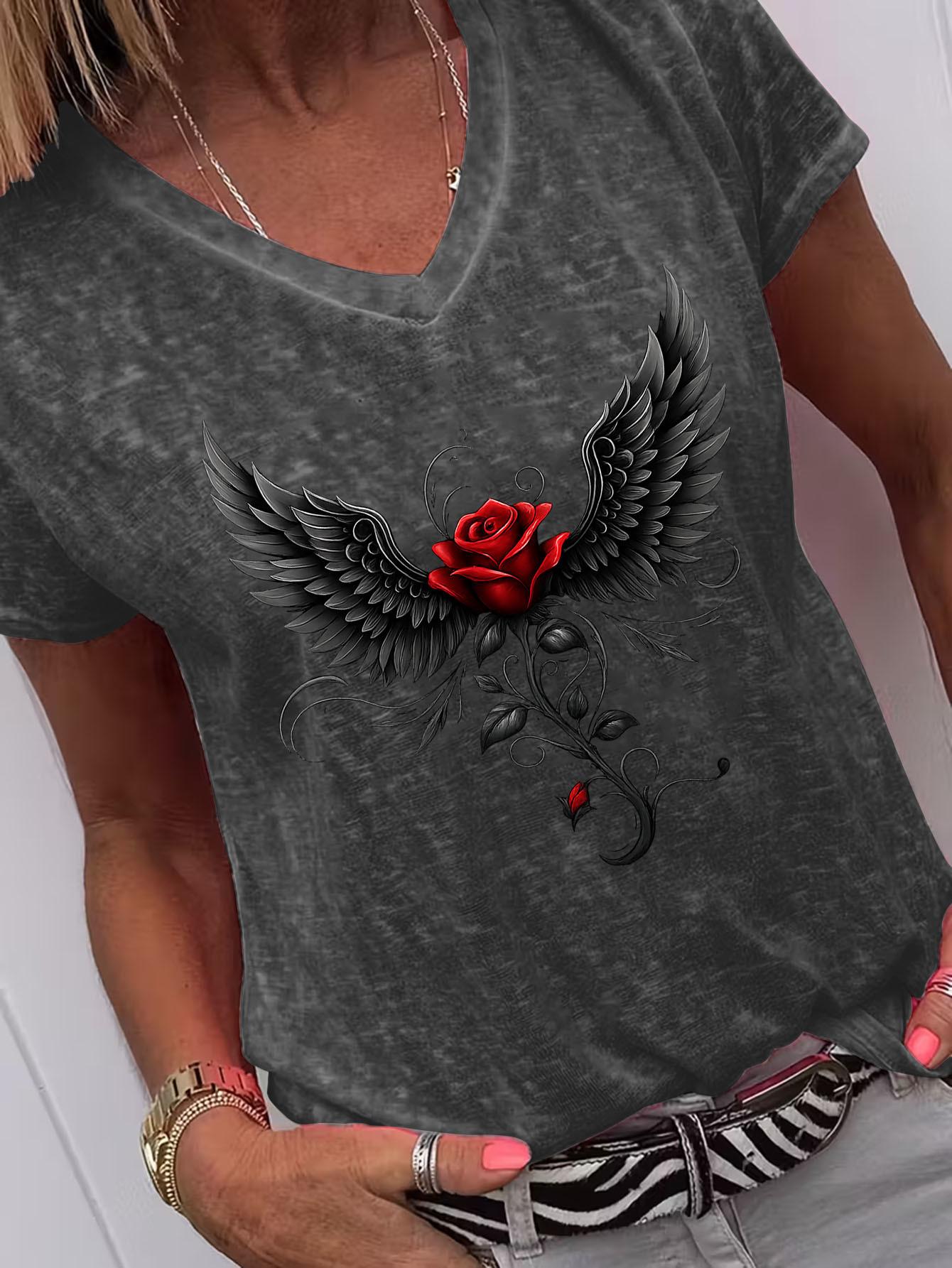 Damen T-Shirts Gothic Rose Flügel Print V-Ausschnitt T-Shirt Perfekt zum Entspannen Ausgehen Y2k Kurzarm T-Shirt Gothic Damen T-Shirt XL black