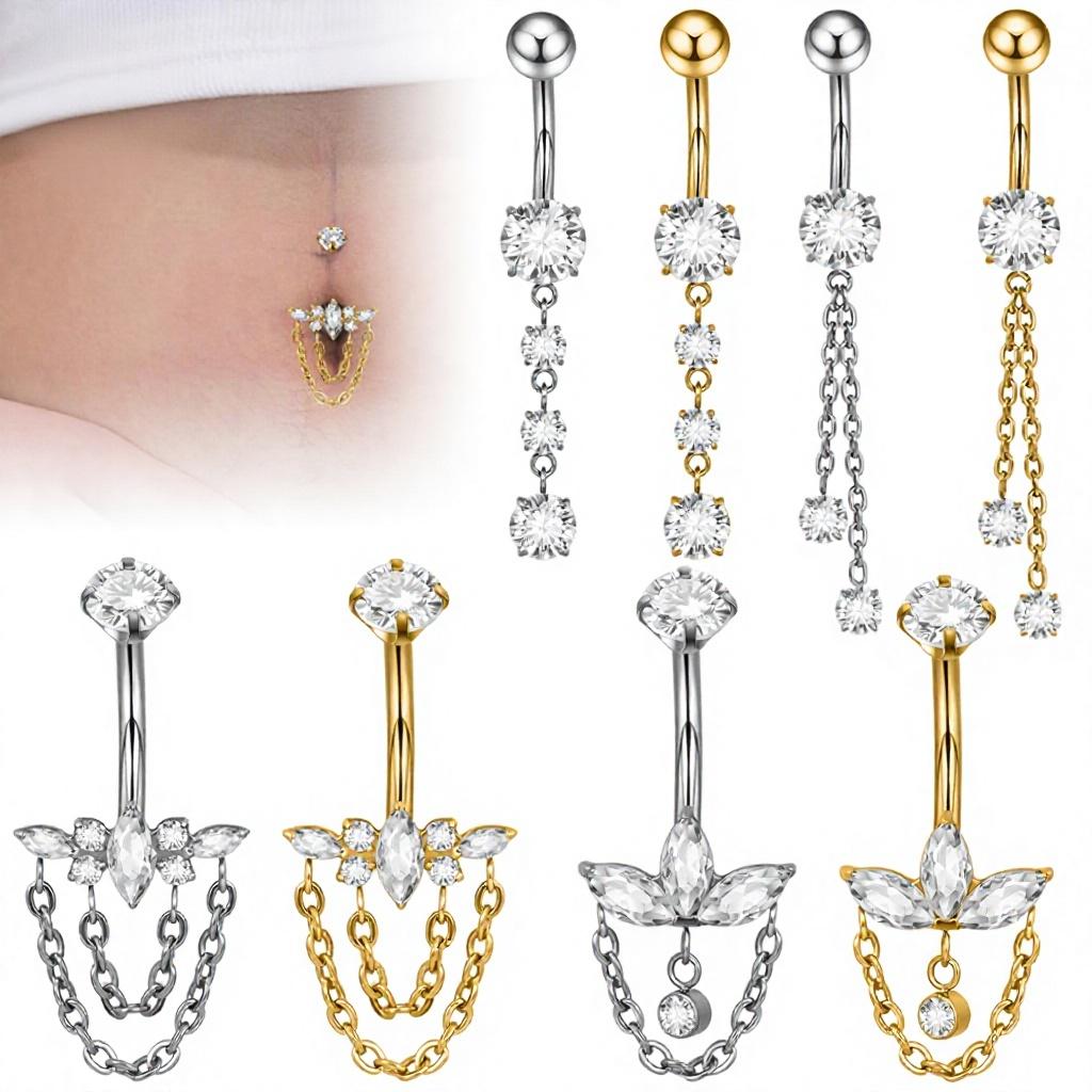 New G23 Titanium Chain-style Umbilical Ring Internal Threading Electroplated Marquise-cut Zircon Piercing Body