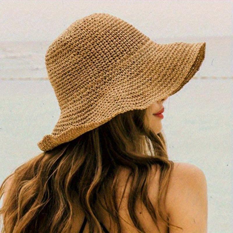 Versatile Foldable Khaki Straw Hat for Women, Summer Outdoor Sun Protection Hat, Korean Style Vacation Beach Hat